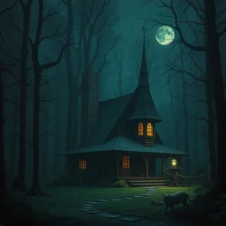 beautiful matte painting of a fantasy witche hut in dark forest at night