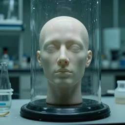 a disembodied head being kept alive in a dingy laboratory,