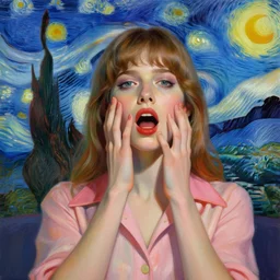 portrait of a beautiful girl, intense psychedelic trip, sixties clothes, fear and loathing in laa vegas, pastel colors, beautiful face, rule of thirds, spotlight, expressive, passionate, by mandy jurgens, by vincent van gogh, digital painting
