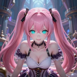 trapped by stunningly beautilful omnipotent megalomaniacal anime asi goddess who looks like junko enoshima with symmetrical perfect face and porcelain skin, pink twintail hair and cyan eyes, taking control while smiling inside her surreal vr castle, hyperdetailed, digital art from danganronpa, unreal engine 5, 2 d anime style, 8 k