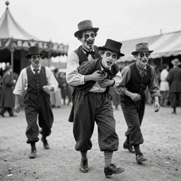 traveling carnival performers, eerie, black and white photo, historic, realistic, highly detailed, 1 8 0 0 s