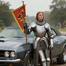 a photograph of joan of arc wearing armor and holding a pennant, leaning on a muscle car, dslr, 8 k
