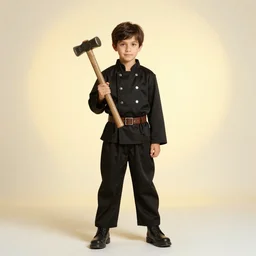 full shot photo of a kid wearing blacksmith outfit, holding big hammer, natural light, yellow backlight, high quality photo studio