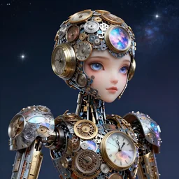 photo of a robot made of clock parts, warframe armor, beautiful face, scifi, nebula reflections, stars, professionally color graded, 8 k high definition, insanely detailed, intricate, innocent, art by akihiko yoshida and artgerm