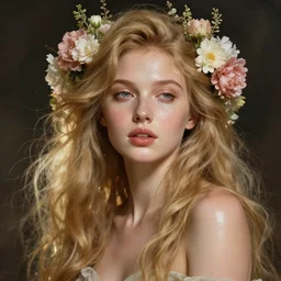 epic portrait an beautiful goddess with long blonde flowing hair full off flowers, sweaty skin, glossy lips, beautiful, broad light, ambient occlusion, volumetric light effect, made by ivan aivazovsky, peter mohrbacher, greg rutkowski, matte painting, trending on artstation, 4 k, perfectly defined features, digital painting,