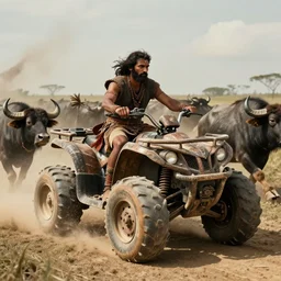 photorealistic photo of an ancient indian tribesman on ancient makeshift atv with big wooden puffy wheels,  hunting buffalo herd ,attacking,  chase, action scene, an epic fantasy, dramatic lighting, cinematic, establishing shot, extremely high detail, photorealistic, cinematic lighting, artstation, octane render, by simon stalenhag, horizon forbidden west,old photo, high speed photography, vintage,