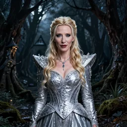 portrait of mischievous, dangerous Cate Blanchett's Galadriel as a queen of fairies, dressed in a beautiful silver dress. The background is a dark, creepy eastern europen forrest.  night, horroristic shadows, high contrasts, lumnious, character concept art by ruan jia, thomas kinkade, and J.Dickenson, trending on Artstation