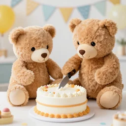 two teddy bears cutting cake and doing party