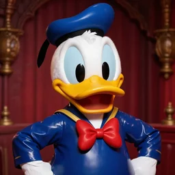 close shot of a cross dressed donald duck wearing a latex outfit in a fetish dungeon, photo by sven marquardt, highly detailed, photorealistic, 4 k