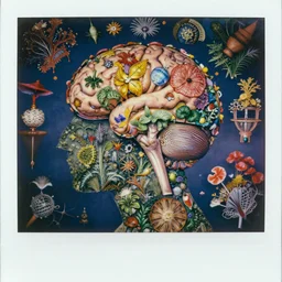a highly detailed intricate colorful chromatic abberation, 9 0 s toy commercial, double exposure photo from the 7 0 s, polaroid photo of all of the world's botanical knowledge in one brain, by zdzislaw beksinski, by ernst haeckel