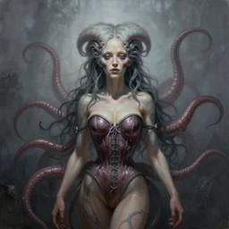 by Tom Bagshaw, ultra realist soft painting of lovecraft and giger world of curiosities, single female in a corset, tentacles, partial symmetry accurate features, very intricate details, focus, curvy, award winning, ultra dense fog