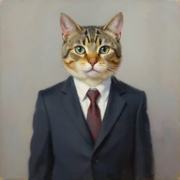 oil painting of a bipedal cat in suit,