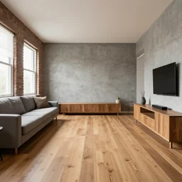 hyper realistic one point perspective of living room, wood, concret, brick