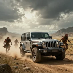 single jeep wrangler, tribe members chasing, an epic fantasy, dramatic lighting, cinematic, establishing shot, extremely high detail, photorealistic, cinematic lighting, artstation, by simon stalenhag, horizon forbidden west
