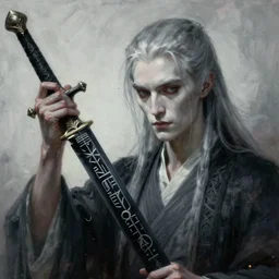 wide shot, fantasy painting of a pale man with a black blade covered in runes, painted by Bayard Wu, ultra detailed, 8k, perfect