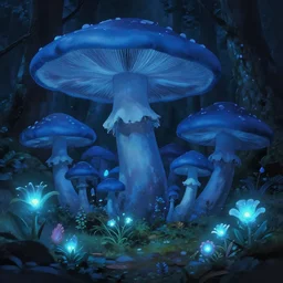forest of giant blue mushrooms, at night, glowing flowers, exotic flowers, realistic, matte painting, mist, cinematic lighting, artstation, hrdp, style=anime, atmospheric lighting, studio Ghibli, hiroshi Yoshida