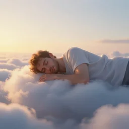 a man sleeping on a cloud, morning sunrise, digital art, concept, radiant light, soft highlights, smooth render, unreal engine render, rutkowski ilya krenz nixeu wlop.