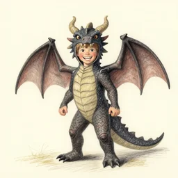 by alfred parsons, by peter sculthorpe spirited. a drawing of a young boy disguised as a dragon. the boy is shown wearing a costume with dragon - like features, including a long tail, wings, & horns. he has a large grin on his face, suggesting that he is enjoying his disguise.