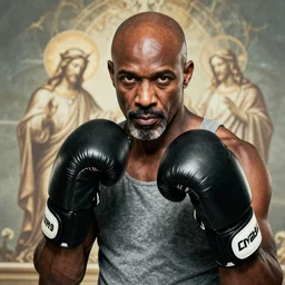 a bald middle aged black man with a goatee and boxing gloves, religious imagery, god