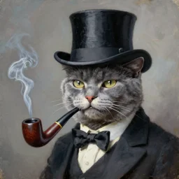 portrait of a grey cat wearing a top hat and smoking a pipe, looking very smug, dressed like a gentleman, matte oil painting, illustration, realistic, 1 8 0 0 s portrait paintings, museum of art