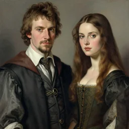 an ultra detailed portrait of a handsome wizard with a very short goatee named james and a beautiful noblewoman with long brown hair named rachel, in contemporary clothes, 8 k, modernist style, artstation, pixiv, by jacque - louis david