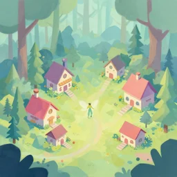 alien faerie village in the woods. gouache by award - winning concept artist. isometric graphics, pastel palette, polygonal.