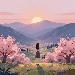 highly detailed art on artstation, a girl stood in the blossoming sunset valley, pondering the mountains in the distance. peaceful pastel palette, matte painting