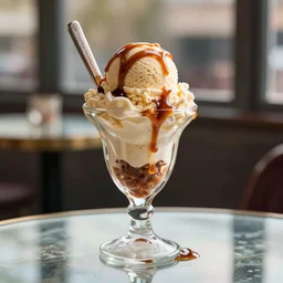 digital realistic detailed art ice cream sundae with fudge dripping onto glass table in a parfait glass
