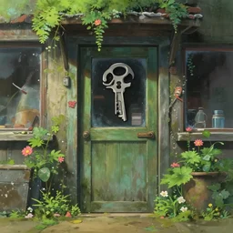 a wholesome animation key shot of a post apocalyptic 8 0's restaurant exit door, covered by nature hipster vibes by studio ghibli, animation, sharp, rendered in unreal engine 5, focused, anime key art by greg rutkowski, bloom, dramatic lighting