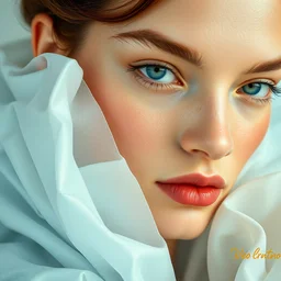 close up of face of a fashion model in luxury dress, pastel shades of light blue and light gold, by neo rauch, by william turner official valentino editorial, highly detailed
