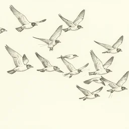a drawing of a a flock of birds flying to freedom by caspar david friedrich, lineart, clue color scheme, high detail, one single line