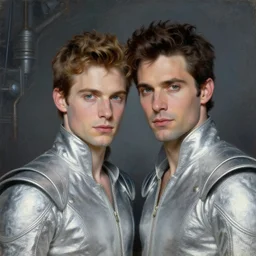 portrait of a male couple dressed in a silver costume, head shoot, art by alex heywood and gaston bussiere, albert lynch, fantasy art, reimagined by industrial light and magic, oil on canvas, hd