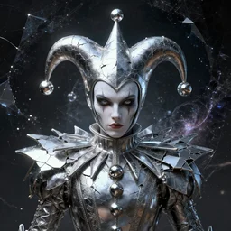 front shot of a court jester character fine portrait fine portrait mesmerizing fractal hyper cubes platinum cracked dark future hyper dimensional space galactic crystal nebula edges elegant detailed intricate concept artstation sharp focus ray tracing cinematic masterpiece octane render nvidia temporal corruption beeple wlop lok du germ tomasz alen 8 4 k scifi