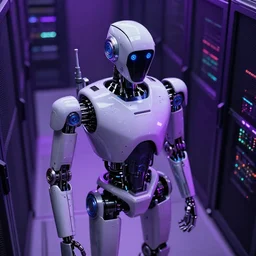 hyperrealistic medium shot robot!! in ( ( data center ) ) highly detailed concept art eric zener elson peter cinematic hard purple lighting high angle hd 8 k sharp shallow depth of field, inspired by david paul cronenberg and zdzisław beksinski