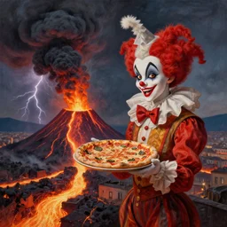 an extremely detailed pulcinella di napoli holding a large pizza in front of a volcano spewing lava and black smoke, from below, streams of glowing hot lava, flashes of lightning in the distance, wide shot, long shot, an ultrafine detailed painting by joe fenton, deviantart, pop surrealism, whimsical