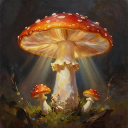 painting of a magic mushroom , beautiful lighting, god rays, fantasy art, matte painting