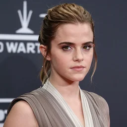 Emma Watson modeling as Rey in Star Wars, (EOS 5DS R, ISO100, f/8, 1/125, 84mm, postprocessed, crisp face, facial features)