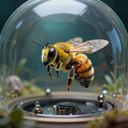 a tiny mechanical robotic bee, biodome environment, biotechnology, photo, national geographic, deep depth field, masterpiece, cinematic composition, hyper - detailed, hd, 4 k