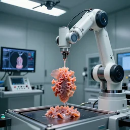 a complex thick bifurcated robotic cnc surgical arm cybernetic symbiosis hybrid mri 3 d printer machine printing some highly detailed larval stage squid embryo organic fleshy fractal forms in inspection laboratory control panel room, lcd screens, knobs, drone camera lens orbs, 3 point lighting, highly detailed larval stage, natural color scheme, photo still from movie by denis villeneuve,