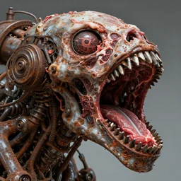 a close up of an elongated machine made of teeth and raw meat and rusted metal, concept art by giger, cgsociety, assemblage, trypophobia, greeble, grotesque, biomechanical open chewing mouth