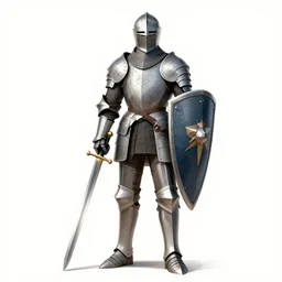 a professional sketch of a tall knight in full knight armour while holding a long sword and big shield