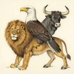 a creature with the body and eyes of a man, with the beak of an eagle, the mane of a lion, and the horn of a bull. drawn by moebius