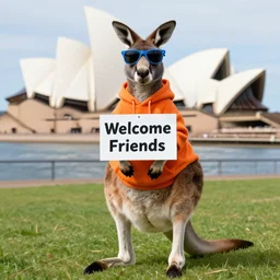 A portrait photo of a kangaroo wearing an orange hoodie and blue sunglasses standing on the grass in front of the Sydney Opera House holding a sign on the chest that says Welcome Friends, subject: kangaroo, subject detail: wearing orange hoodie, wearing blue sunglasses, subject action: holding sign holding sign holding sign