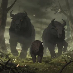giant beasts roaming on a windy woody meadow. award - winning 3 d anime by an indie studio, heavily stylized, rimlighting, depth of field, limited palette, lovecraftian, chiaroscuro, bokeh.