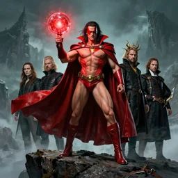 skinnyfat physique wrathful Dr. Manhattan warlock mage of the northern winds wearing a red leather cape brandishing a glowing red orb whilst standing on a cliff christopher shy leonardo da vinci Jean Sebastien Rossbach jana schirmer jeff simpson greg staples