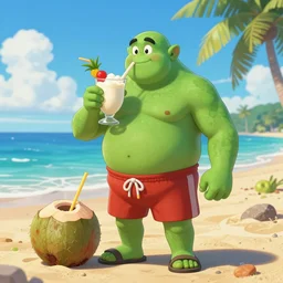 Great Old One Cthulhu with a dad bod wearing shorts and sandals and drinking pina colada from a coconut at a sunny beach,