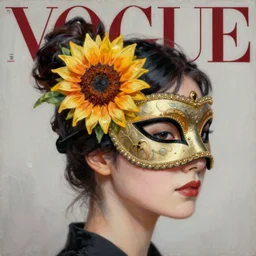 masquerade ball mask, korean audrey hepburn, vogue magazine, elle magazine, greg rutkowski, john singer sargent, trending on artstation, anime, oil painting, side profile portrait, looking right, sunflower ornament, intricate