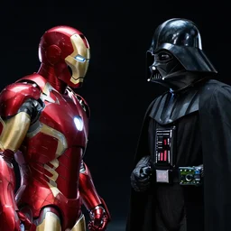 a duel between iron man ( left ) and darth vader ( right ), in space, shot on alexa, 3 5 mm cooke, still from a movie, trending on hollywood reporter