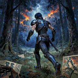 runs away from men on the forest and field, composition gothic and futuristic, cyber armor, a lot of scars, blue, fire storm on clouds, thunderstorm, highly detailed, moebius, jugendstil and classic japanese print, art by thomas kinkad