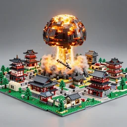 a miniature japanese lego village destroyed by a nuclear bomb, photo studio, professional photo, trending on artstation, hdr